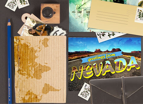 A flat lay image featuring a postcard that says 'greetings from NEVADA', along with a pencil, an envelope, vintage stamps, and photos depicting travel and adventure.