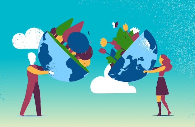 A man and a woman are depicted holding two halves of a globe, one side filled with vibrant greenery and flowers, symbolizing the connection between cultures and identities.