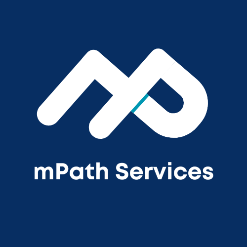 Logo of mPath Services featuring an abstract design with intertwined letters 'M' and 'P' on a dark blue background.
