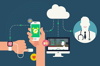 An illustration depicting digital health transformation, featuring a smartwatch, smartphone, computer, cloud, and a medical professional's silhouette, highlighting the integration of technology in healthcare.