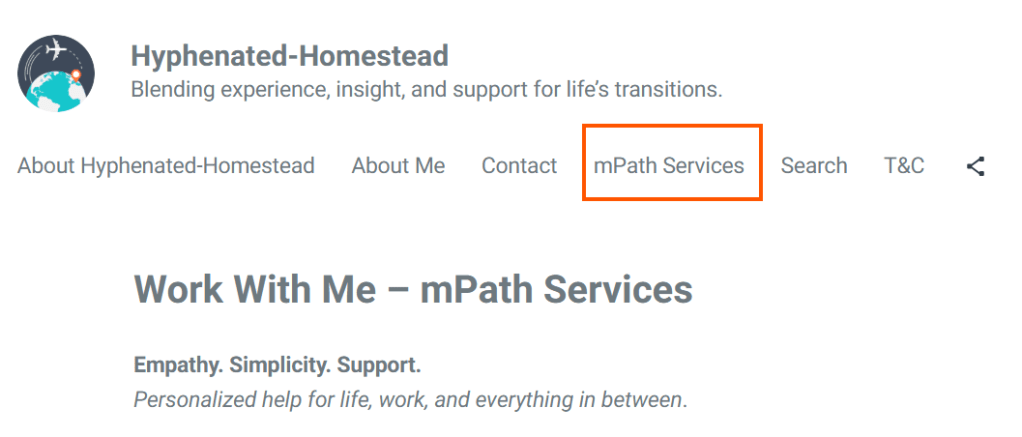 Screenshot of the Hyphenated Homestead website header showcasing the 'mPath Services' navigation link, emphasizing personalized help for life and work.