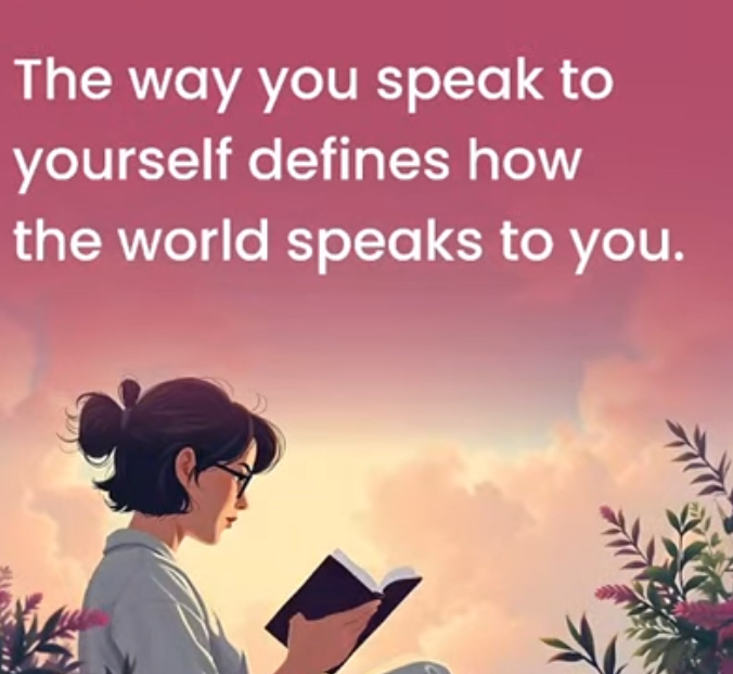 A woman reading a book against a pastel background with the text 'The way you speak to yourself defines how the world speaks to you.'