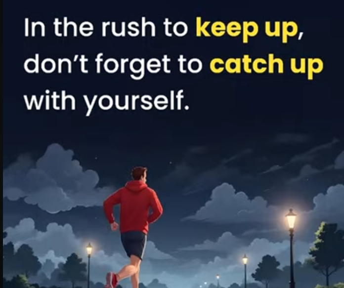 A person in a red hoodie running through a serene pathway at night, with city lights and cloudy skies in the background, accompanied by the inspirational text: 'In the rush to keep up, don't forget to catch up with yourself.'
