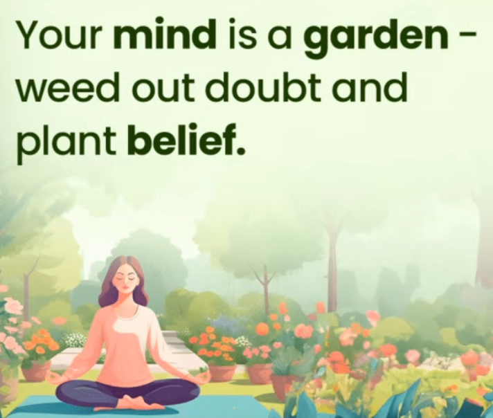 An illustration of a woman meditating in a lush garden filled with colorful flowers, with the motivational quote 'Your mind is a garden – weed out doubt and plant belief.' prominently displayed above her.