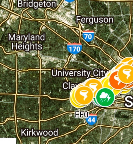 Map showing storm alerts and weather conditions in the St. Louis area, indicating areas affected by severe weather.