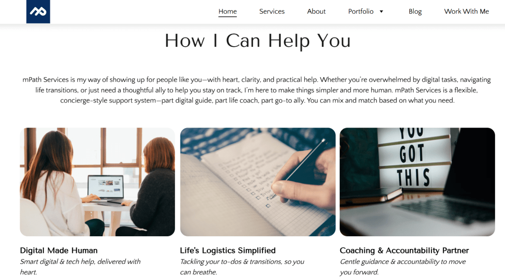 A website screenshot showcasing mPath Services with the title 'How I Can Help You'. The layout features three sections: 'Digital Made Human', 'Life's Logistics Simplified', and 'Coaching & Accountability Partner', including images of individuals collaborating and working on digital tasks.