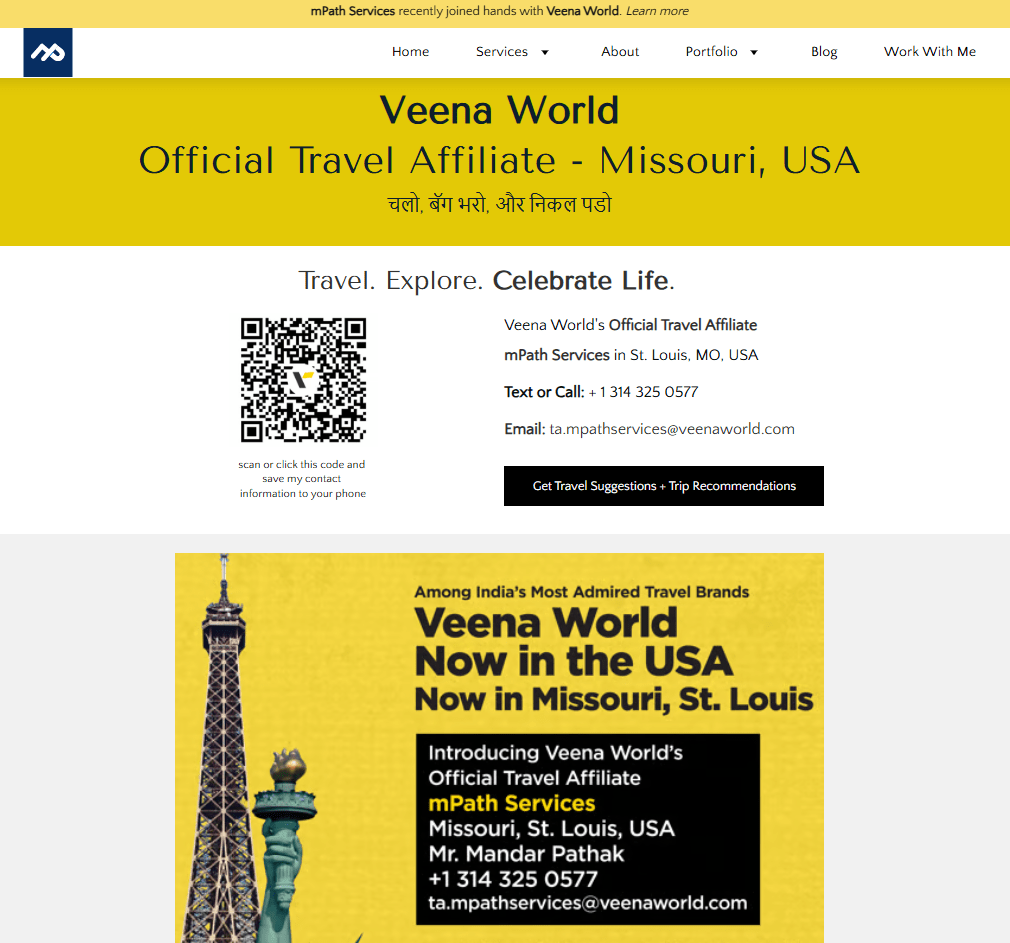 Homepage of Veena World's official travel affiliate in Missouri, USA, featuring contact information and a QR code for easy access.
