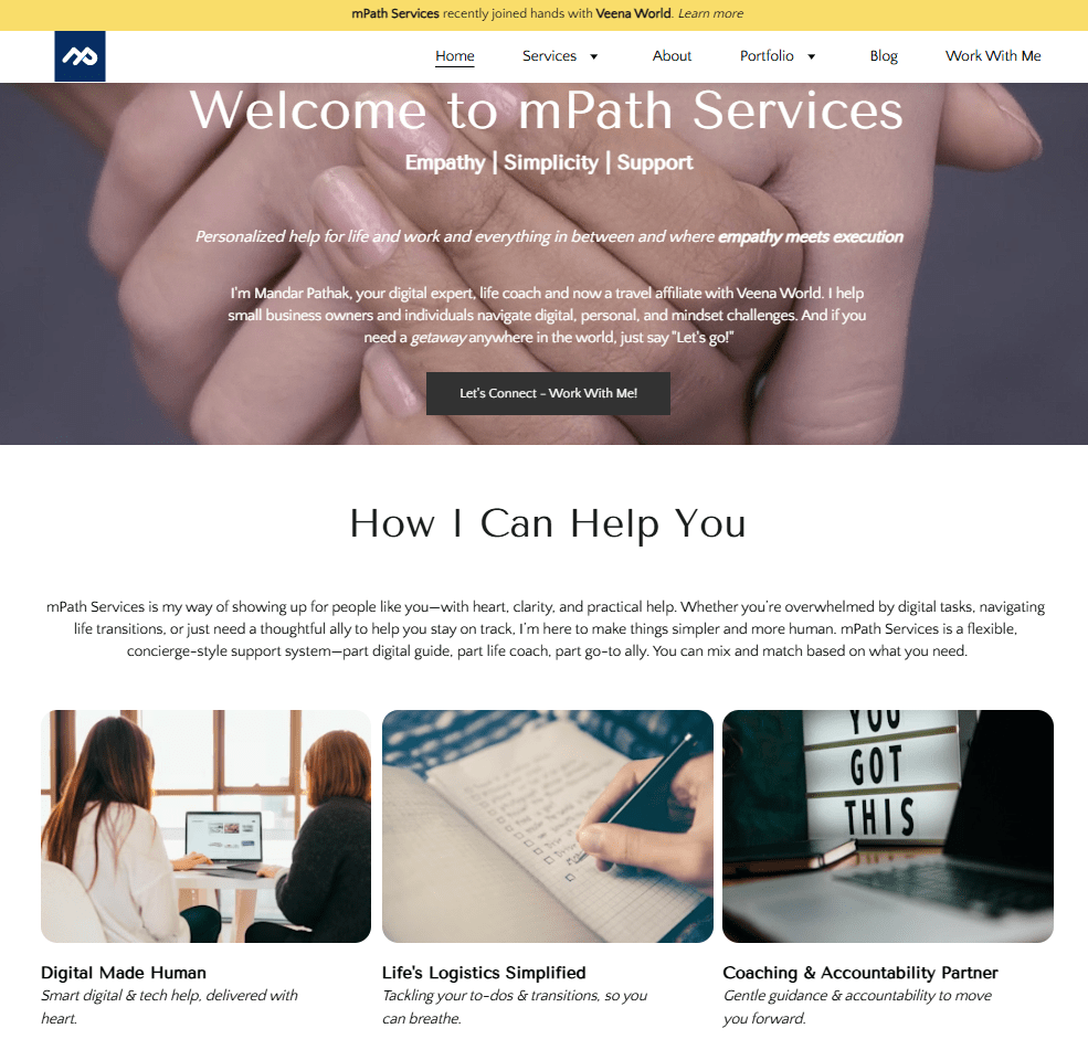 Homepage of mPath Services featuring a welcoming message and a description of personalized help for navigating life and digital challenges.