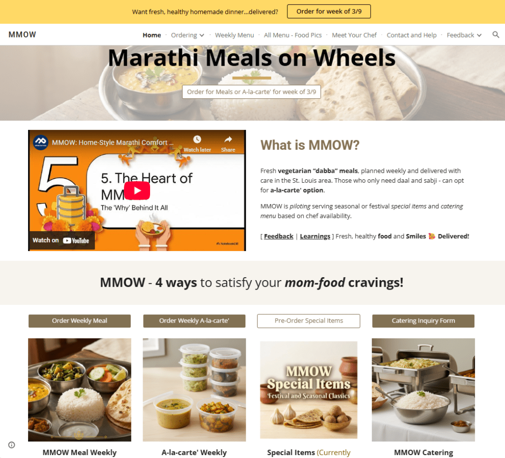 Homepage of MMOW featuring vegetarian Marathi meals, a video introduction, and options for weekly meal orders and a-la-carte selections.
